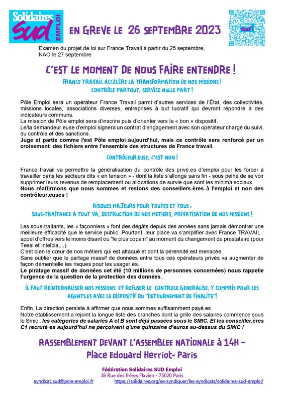 France travail - appel à la grève du 26 septembre 2023