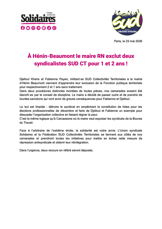 À Hénin-Beaumont le maire RN suspend deux syndicalistes SUD CT pour 1 et 2 ans