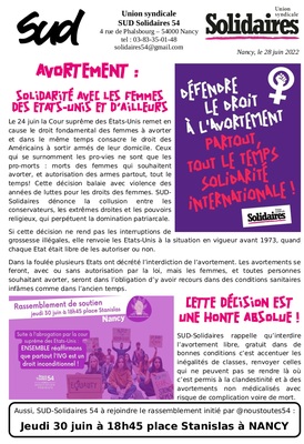 AVORTEMENT : SOLIDARITÉ AVEC LES FEMMES DES ETATS-UNIS ET D’AILLEURS