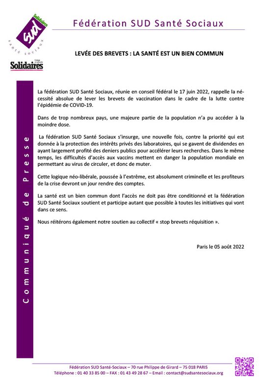 COMM DE PRESSE LEvée DES BREVETS