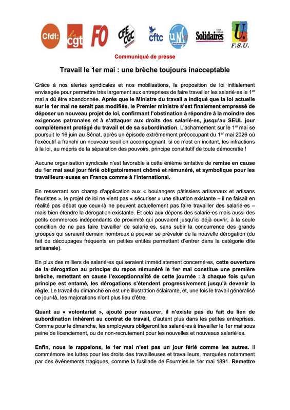 Communiqué de presse 12 mai intersyndical projet de loi sur 1er Mai Sénat 16 juin 2026