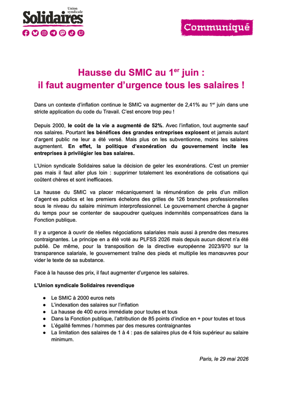 Hausse du SMIC au 1er juin _ il faut augmenter d’urgence tous les salaires !