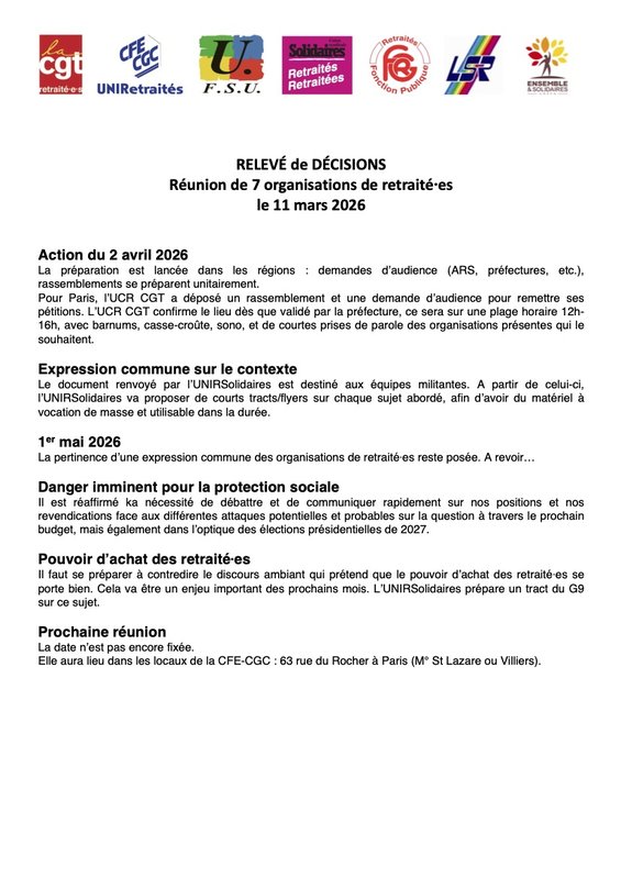 Relevé de Décisions de 7 Organisations - 11 mars 2026