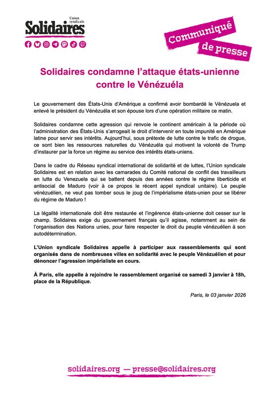 Solidaires condamne l’attaque états-unienne contre le Vénézuéla